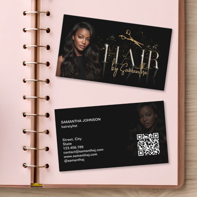 moderna lyx frisör peruk tillägg saxar visitkort (modern typography gold scissors hair stylist business cards)