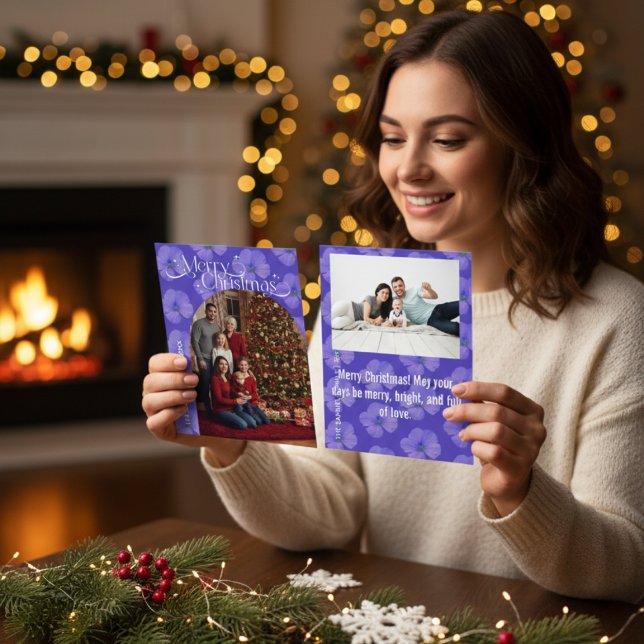 Moderna manus Glad jul firande Båge Två Foto Blomm Julkort (Skapare uppladdad)