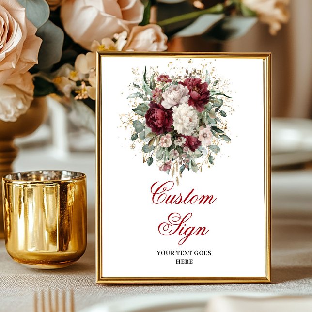 Moderna Maroon Blommor Eukalyptus Guld Anpassad Po Poster (Modern Maroon Flowers Eucalyptus Gold Custom Poster)