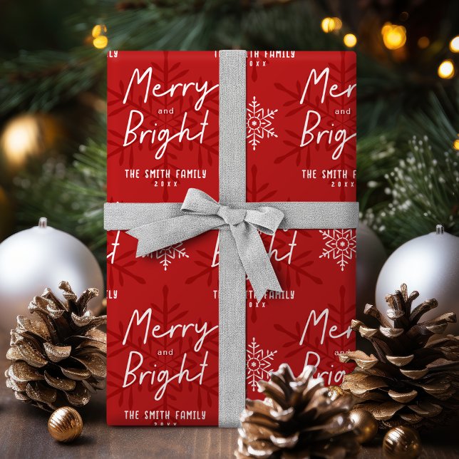 Moderna Merry & Bright Script Snöflingor Jul  Presentpapper (Modern Merry & Bright Script Snowflakes Christmas Wrapping Paper)