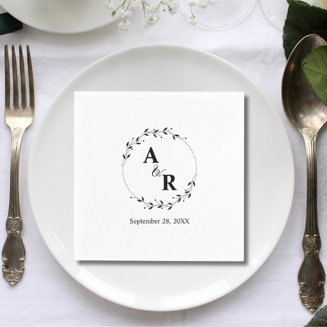 Moderna Minimala Anpassade Rustika Blad Bröllopsin Pappersservett (Modern minimal rustic leaf custom initials napkins add natural charm to your wedding table)