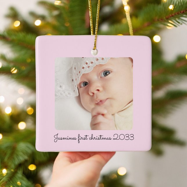 moderna, minimala foto-babblar för rosa, första ju julgransprydnad keramik (minimal pink photo babys first christmas ornament , minimalist classic design , keepsake )