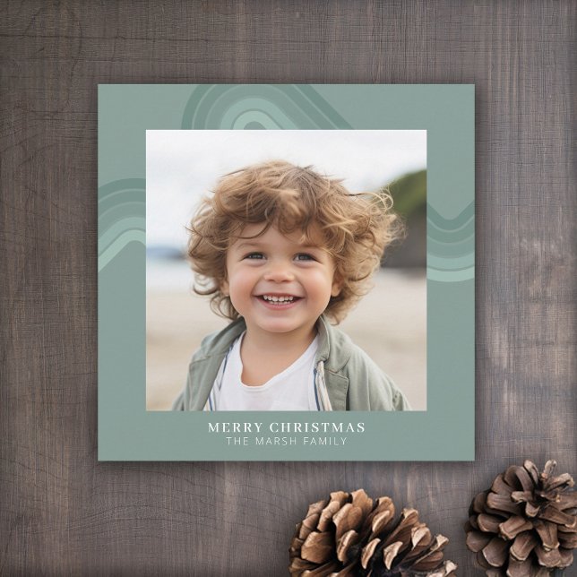 Moderna minimala nyanser av stålblå ränder Foto Julkort (Retro Pastel Stripes Holiday card with one photo)