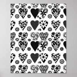 Moderna minimalistiska hjärtan och blommor, svart  poster
