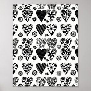 Moderna minimalistiska hjärtan och blommor, svart poster