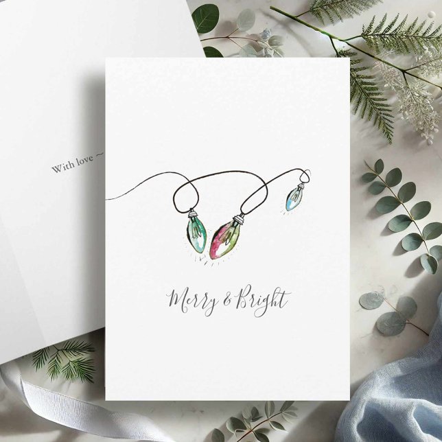 Moderna minimalistiska julkort helgkort (Watercolor Christmas cards Merry and Bright holiday lights. )