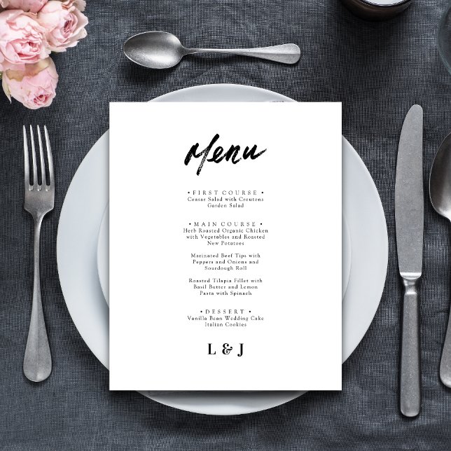 Moderna minimalistiska menykort för bröllop med ty (Modern minimalist script wedding menu cards add refined style to your place settings)
