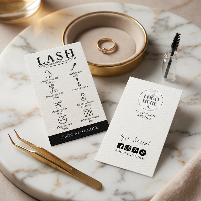 Moderna Minimalistiska Ögonfrans Eftervårdsikoner  Visitkort (Bold Minimalist Lash Aftercare Icons Social Media Business Card)