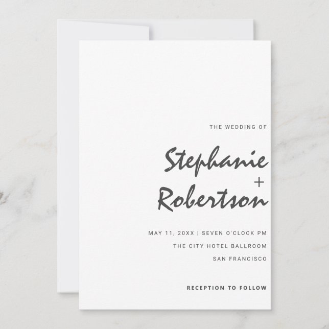 moderna minimalistskript svart och vitt bröllop inbjudningar (Framsida)