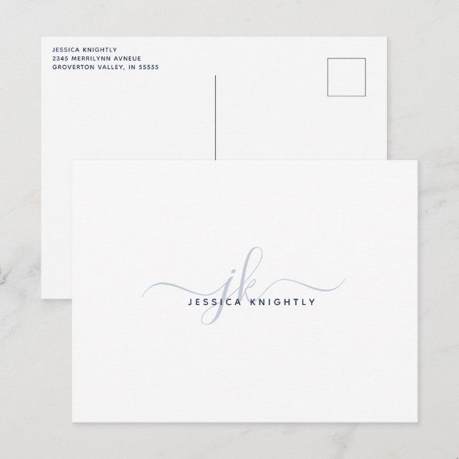 Moderna monogram Elegant skrivna initialer Marinbl Vykort (Fram/baksida)