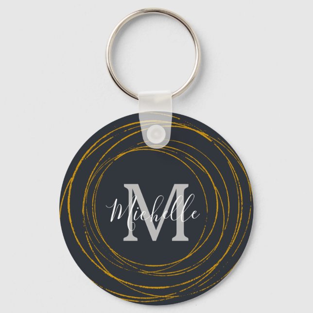 Moderna Monogram Mörkgrå Guldringar Nyckelring (Framsida)