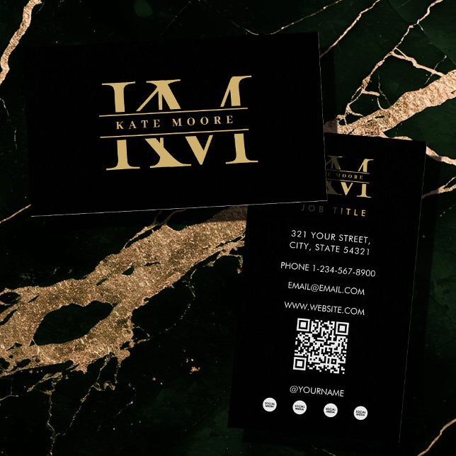 Moderna monograminitialer professionella svarta gu visitkort (Modern Monogram Initials Professional Black Gold Business Card)