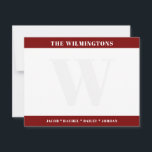 Moderna monogramnamn i familjen Mörkröd brevpapper Anteckningskort<br><div class="desc">Denna design har plats för namn i de feta banden högst upp och längst ner med ett urblekt monogram i bakgrunden. Klicka på knappen Anpassa om du vill ändra designelementen och/eller ytterligare ändra texten! Variationer av denna design, ytterligare färger och matchande produkter finns tillgängliga i vår butik, zazzle.com/store/doodlelulu. Kontakta oss...</div>