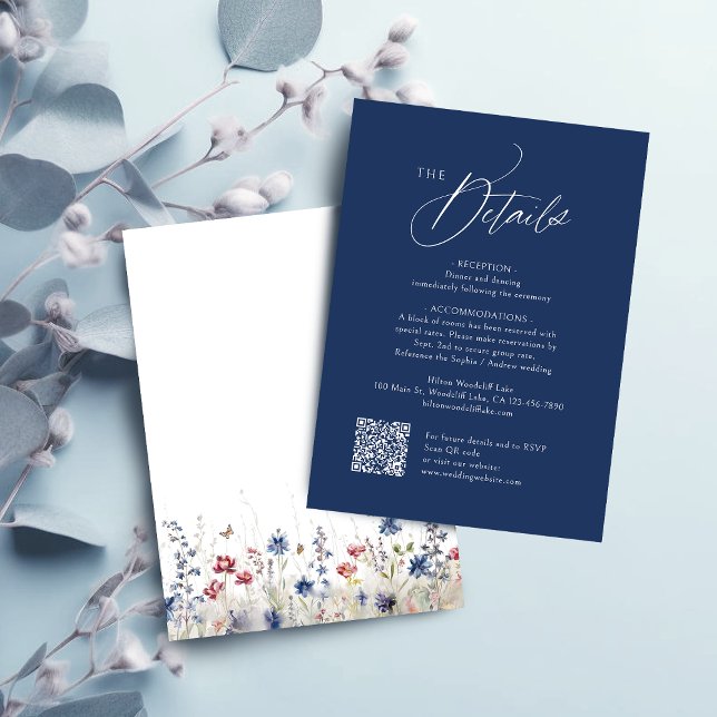 Moderna Navy Blue Bröllops QR-kod Detaljer Anteckningskort (Modern Navy Blue Wedding QR Code Details Note Card)