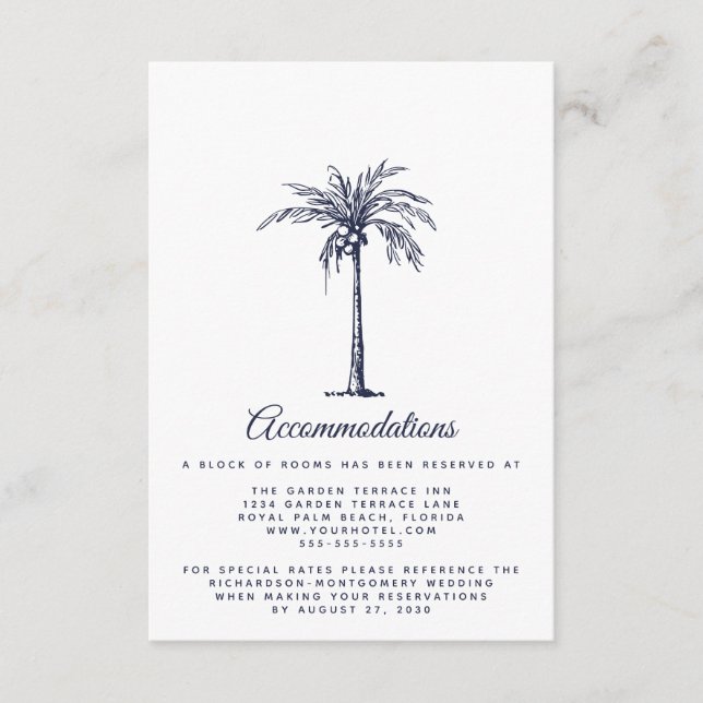 Moderna Navy Blue Palm Beach Bröllopsboenden Tilläggskort (Framsida)