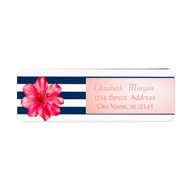 Moderna Navyblåa Ränder ,Hibiskus Returadress Etikett (Framsidan)