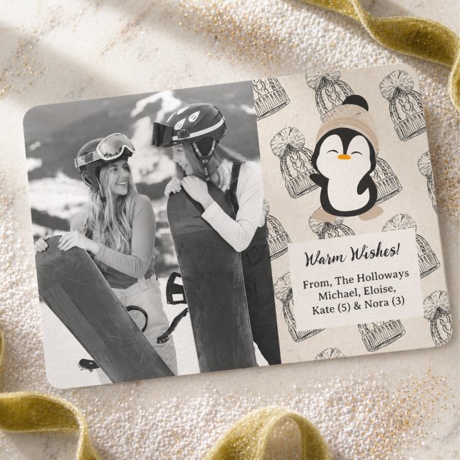 Moderna Neutrala Varmaste önskemål Pingvin Foto Julkort (Modern Neutral Warm Wishes Penguin Photo Holiday Card)