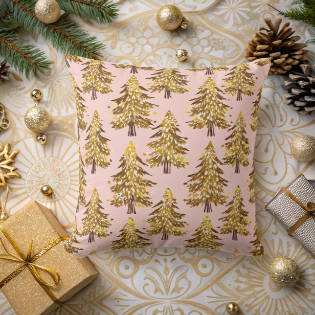 moderna nyckfulla julgranar guld rosa mönster kudde (Skapare uppladdad)