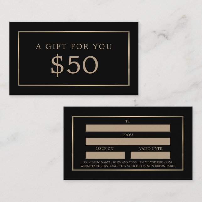 Moderna och eleganta, svarta och Guld-giftcertifik Visitkort (Fram/baksida)
