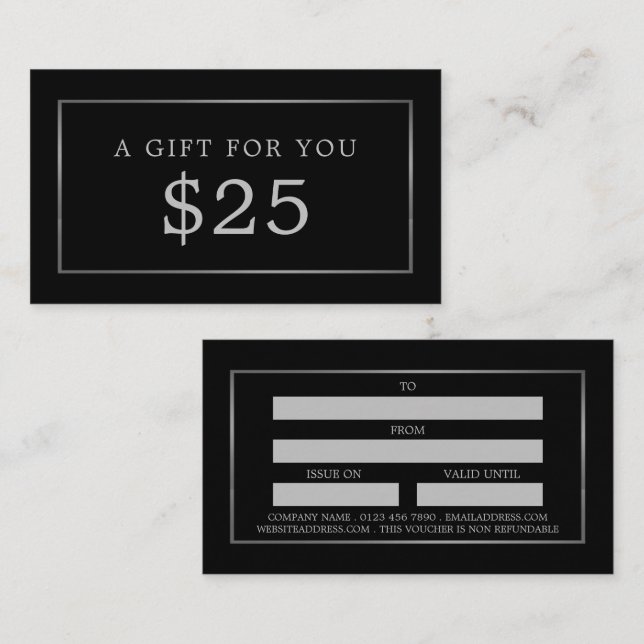 Moderna och eleganta, svarta och Silver-giftcertif Visitkort (Fram/baksida)