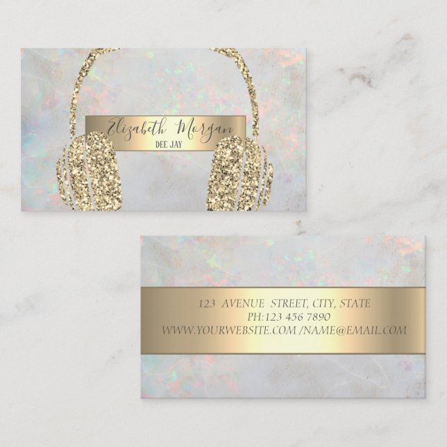 Moderna Opal Holografiska Guld Glitter Hörlurar DJ Visitkort (Fram/baksida)