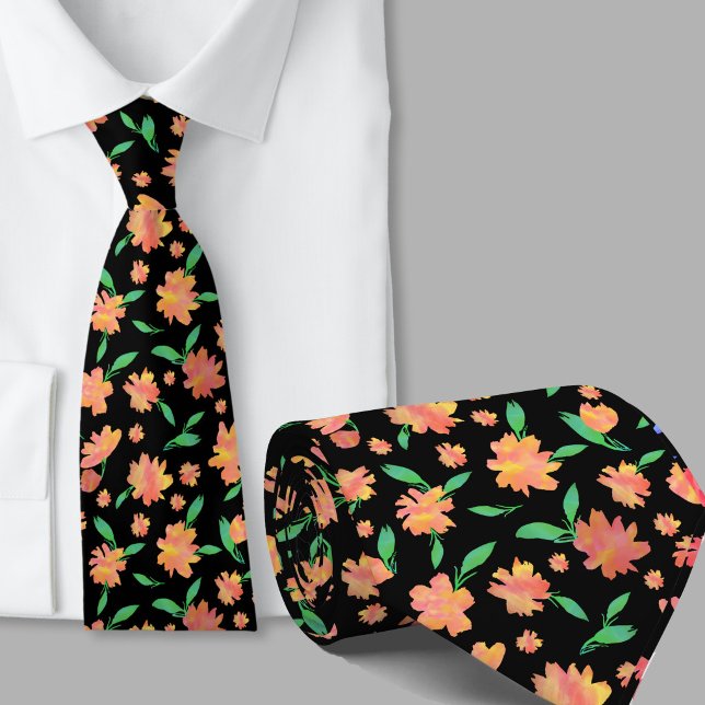 Moderna orange gröna akvarell blommor slips (Skapare uppladdad)