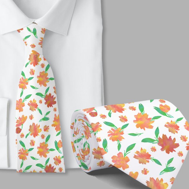 Moderna orange gröna akvarellblommor slips (Skapare uppladdad)
