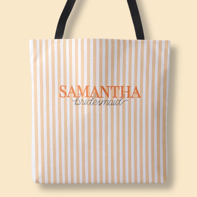 Moderna orange randiga anpassade brudtärna klännin tygkasse (Modern Orange Striped Script Custom Bridesmaid Tote Bag)