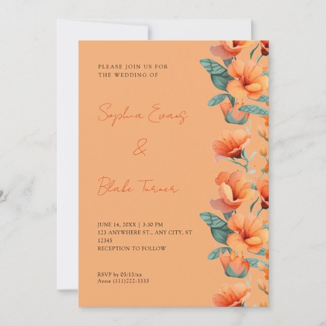 Moderna orangea blommor faller orange bröllop inbjudningar (Framsida)