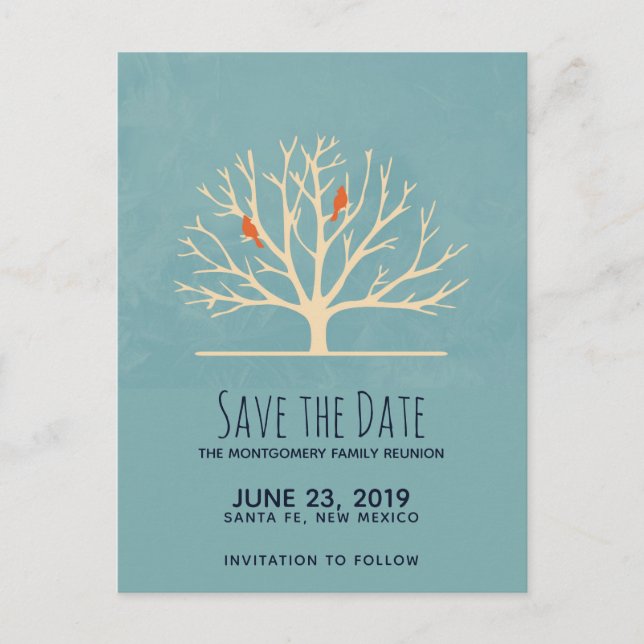 Moderna orangefåglar på ett stort träd på familjen vykort (Framsida)