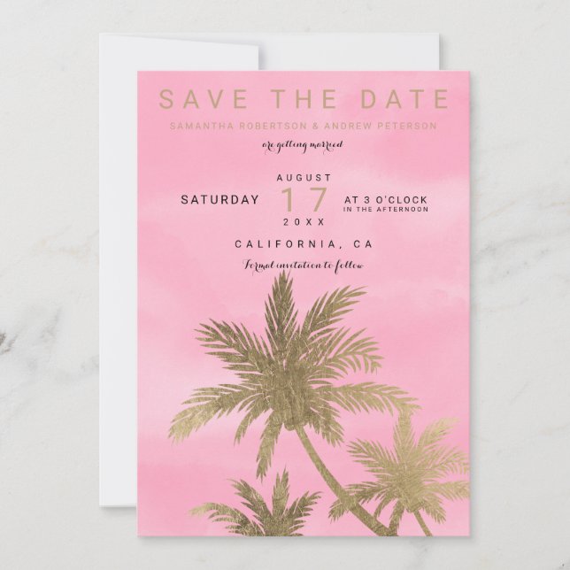Moderna palmträd i guld rosa chic save the date spara datumet (Framsida)