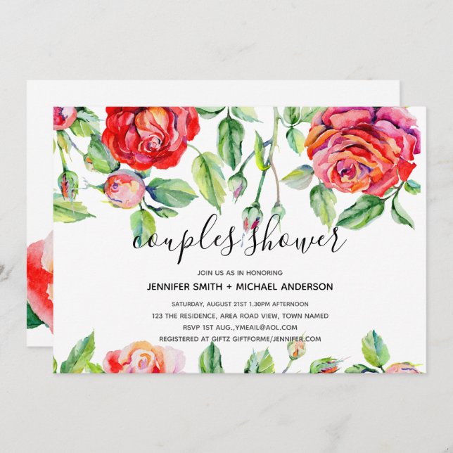 Moderna PARBRUDSBAD Vattenfärgrosor Handskrivna Inbjudningar (Fram/baksida)