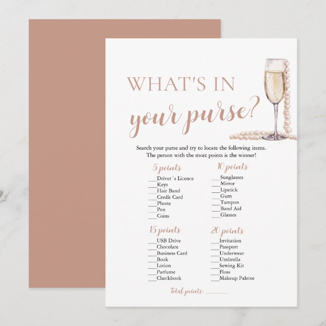 Moderna pärlor & Prosecco Vad finns i din handväsk Inbjudningar (Fram/baksida)