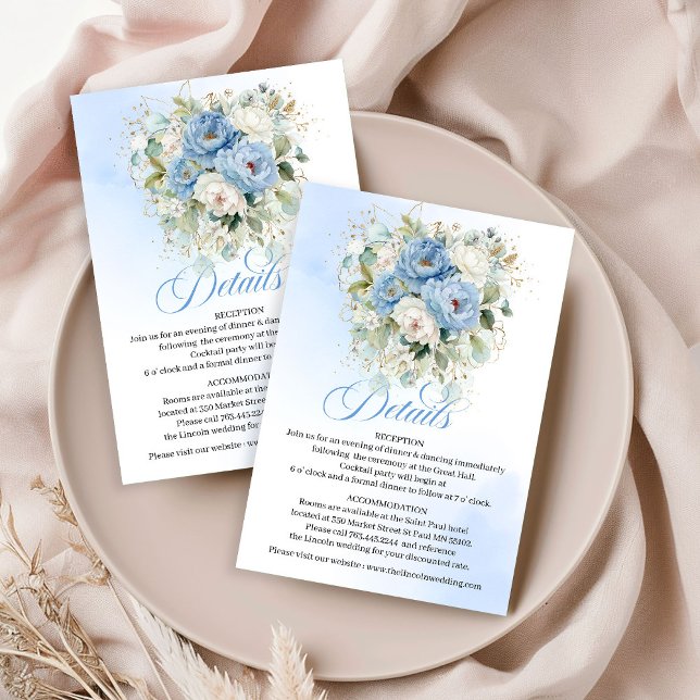 Moderna pastellblå kronska detaljer från bröllopet tilläggskort (Modern Pastel Blue Peonies Greenery Wedding Details Card)