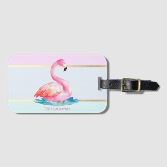 Moderna pastellrandiga, rosa flamingos bagagebricka (Framsida horisontal)