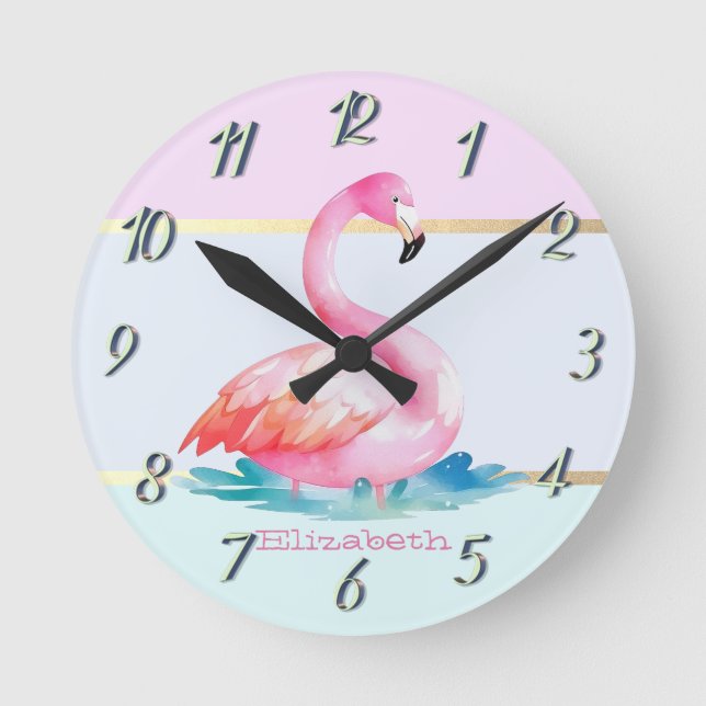 Moderna pastellrandiga, rosa flamingos rund klocka (Framsida)