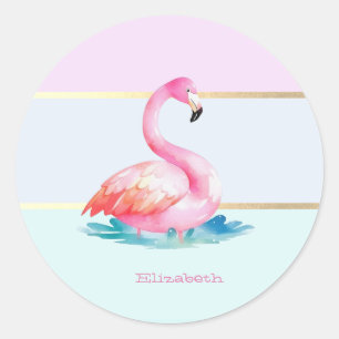 Moderna pastellrandiga, rosa flamingos runt klistermärke