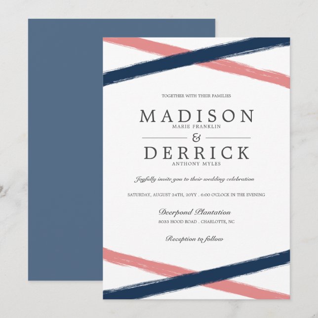 Moderna penseldrag Bröllop | Tunga koraller Inbjudningar (Fram/baksida)