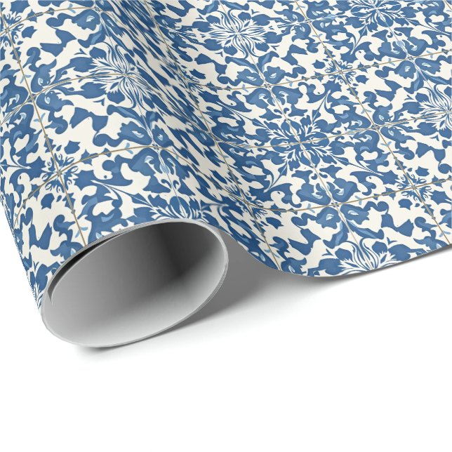 Moderna portugisiska Tiles Azulejos Navy och White Presentpapper (Rullad Hörn)