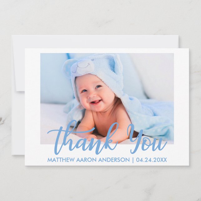 Moderna randar för blått för tacknyfödd bebispojke tack kort (Framsida)