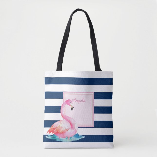 Moderna randiga, förtjusande flamingos tygkasse (Framsida)