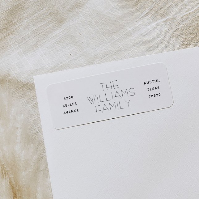 Moderna Returetiketter med tre kolumner Returadress Etikett (White three column family name return address labels.)
