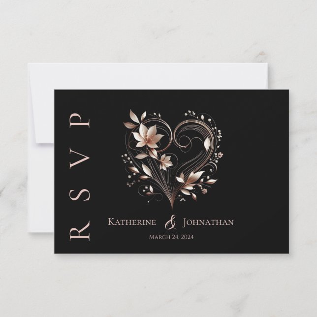 Moderna Ro Guld-blommor med Heart Bröllop OSA Kort (Framsida)