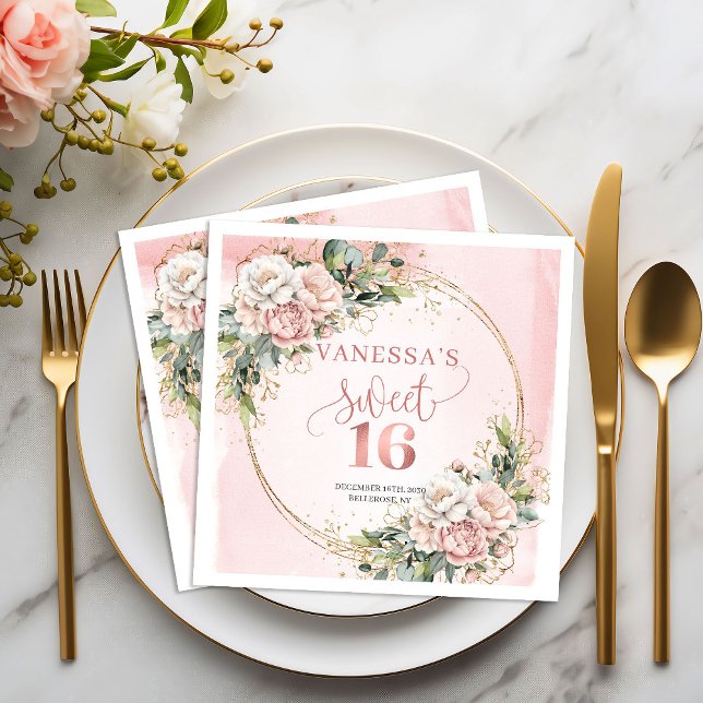Moderna röda blommiga söta sexton servetter (Modern Blush Pink Floral Sweet Sixteen Napkins)