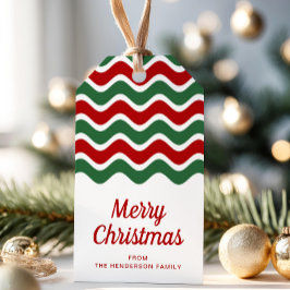Moderna röda gröna ränder God Jul Presentetikett