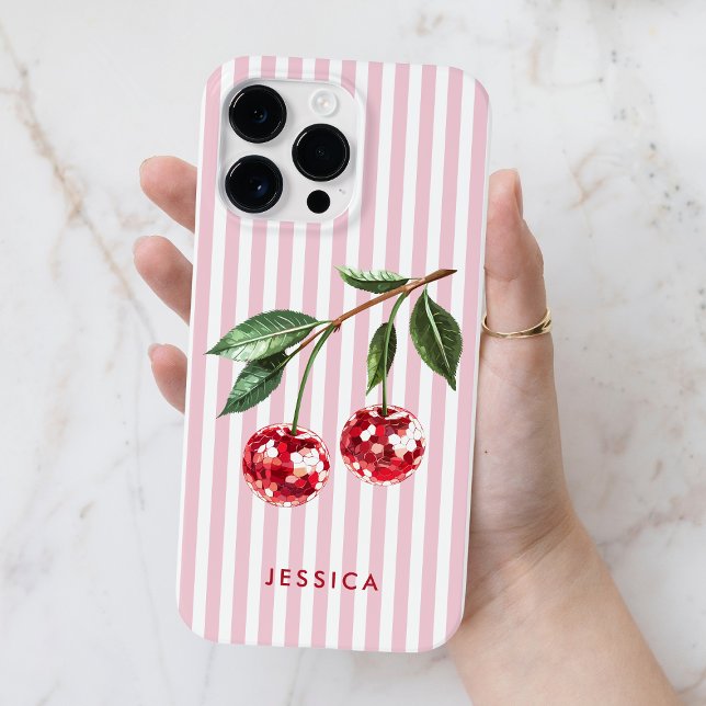 Moderna röda körsbär Rosa ränder Personligt namn (Modern Red Cherries Pink Stripes Personalized Name Case-Mate iPhone Case)
