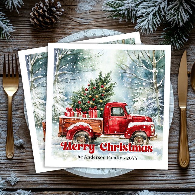 Moderna röda lastbils julscen rustika servetter  (Modern red truck Christmas scene rustic napkins set)