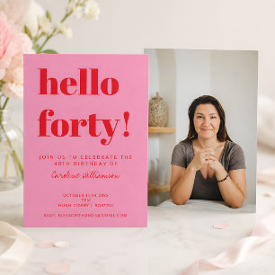 Moderna röda rosa 40-årsfödelsedagsfoto inbjudningar
