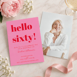 Moderna röda rosa 60-årsfödelsedagsfoto inbjudningar