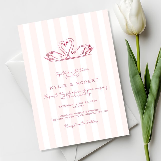 Moderna Röda Rosa Vackra Svanar Bröllop Inbjudningar (Skapare uppladdad)